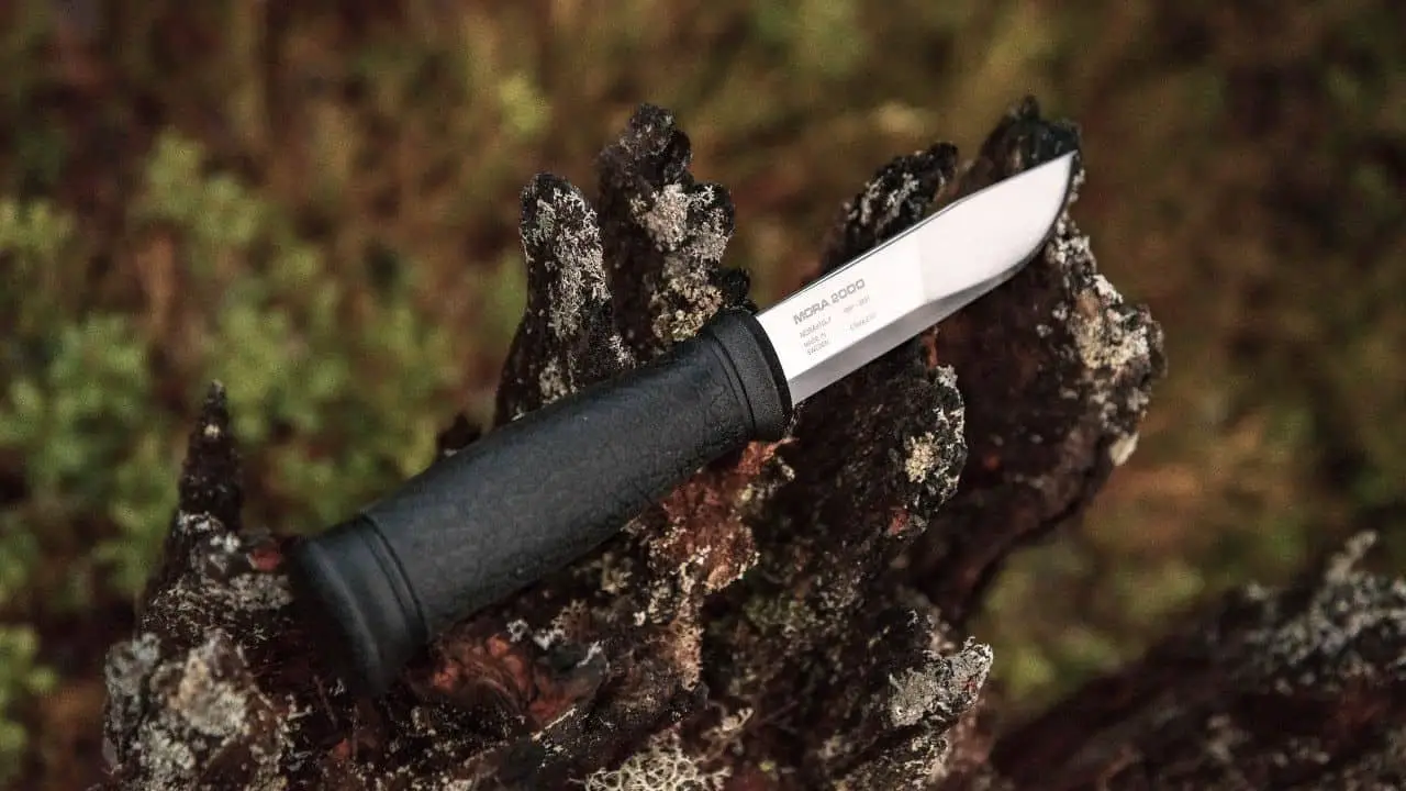 photo of a black handled knife sitting on an old stump of wood