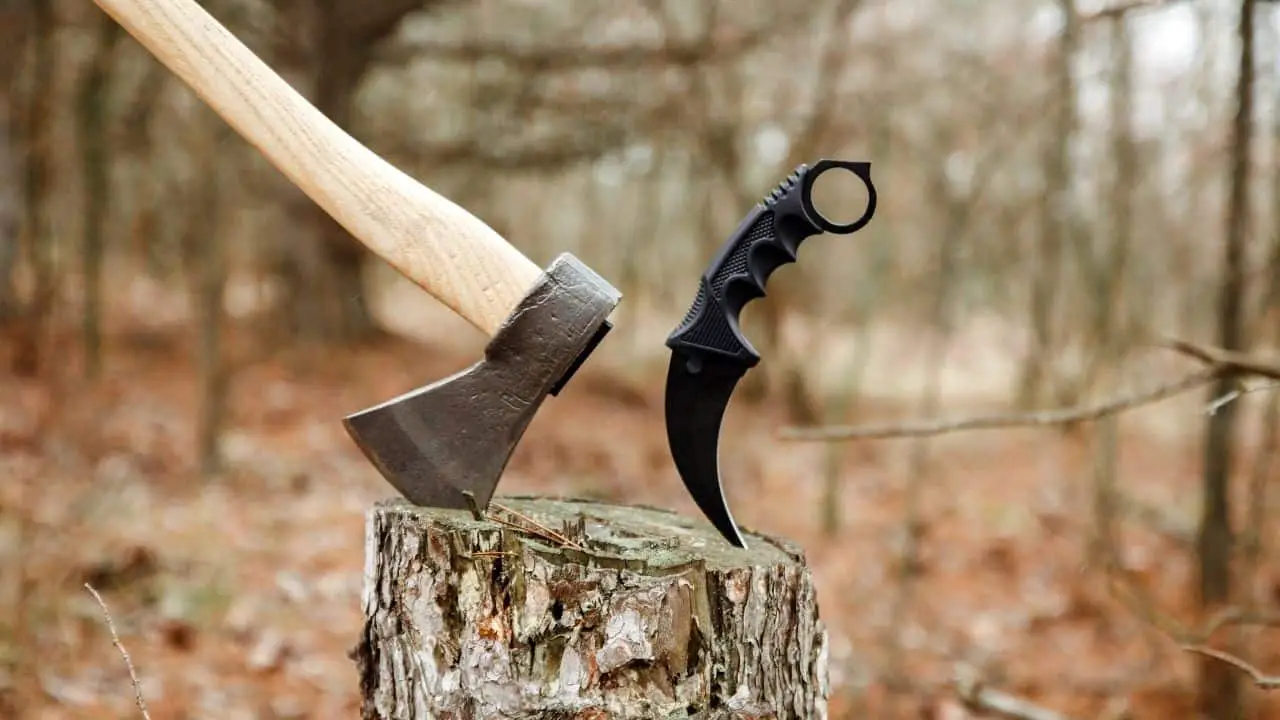 photo of a karambit knife and a hatchet stuck into a stump in the woods