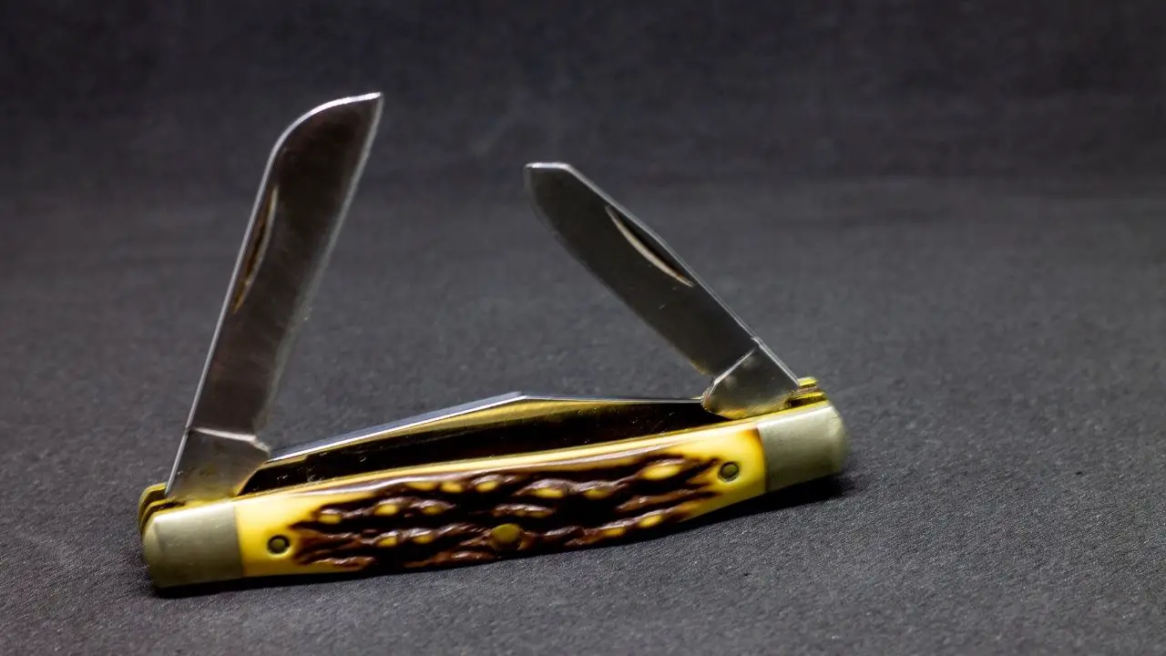 photo of a case pocket knife with two blades open on gray surface