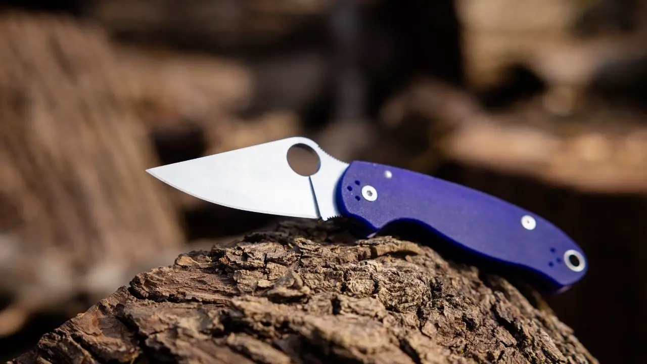photo of a silver and blue spyderco knife open on a piece of wood