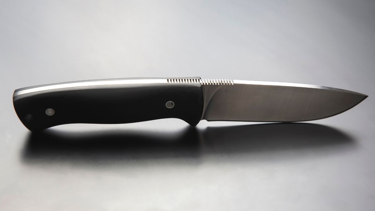 photo of a fixed blade knife with a micarta knife handle on a silver background